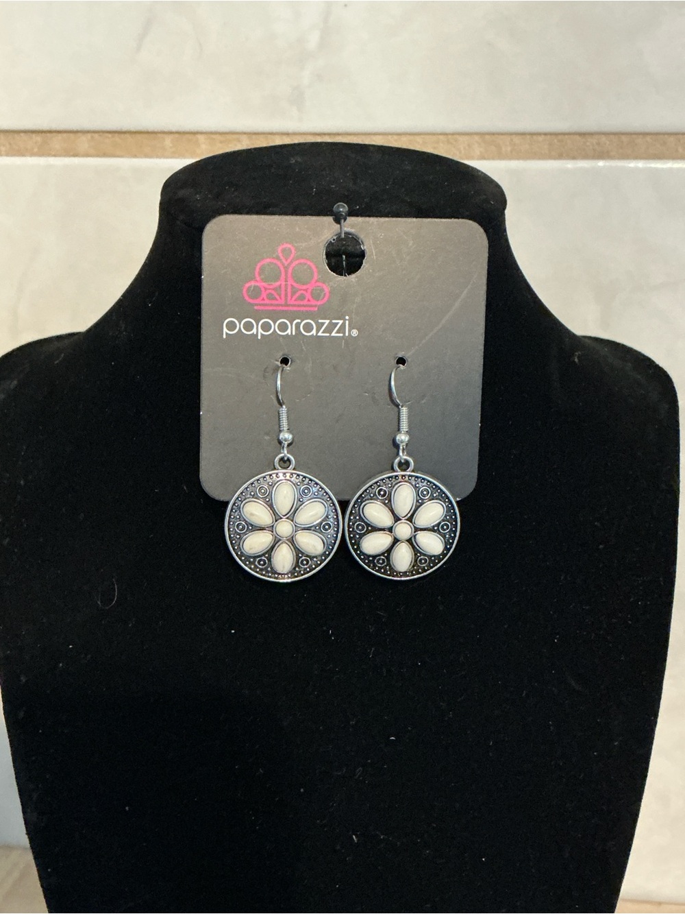 Paparazzi Silver-Tone Floral Dangle Earrings with Cream Petals